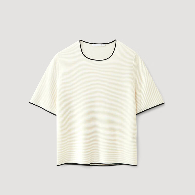 OVV2024春夏新款女装基础圆领优雅撞色镶边短袖针织衫 米白(净色)15 M