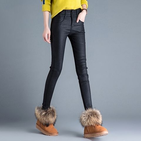 中凡智新款皮裤女加绒加厚高腰加长打底裤女秋冬外穿彩金哑光磨砂潮