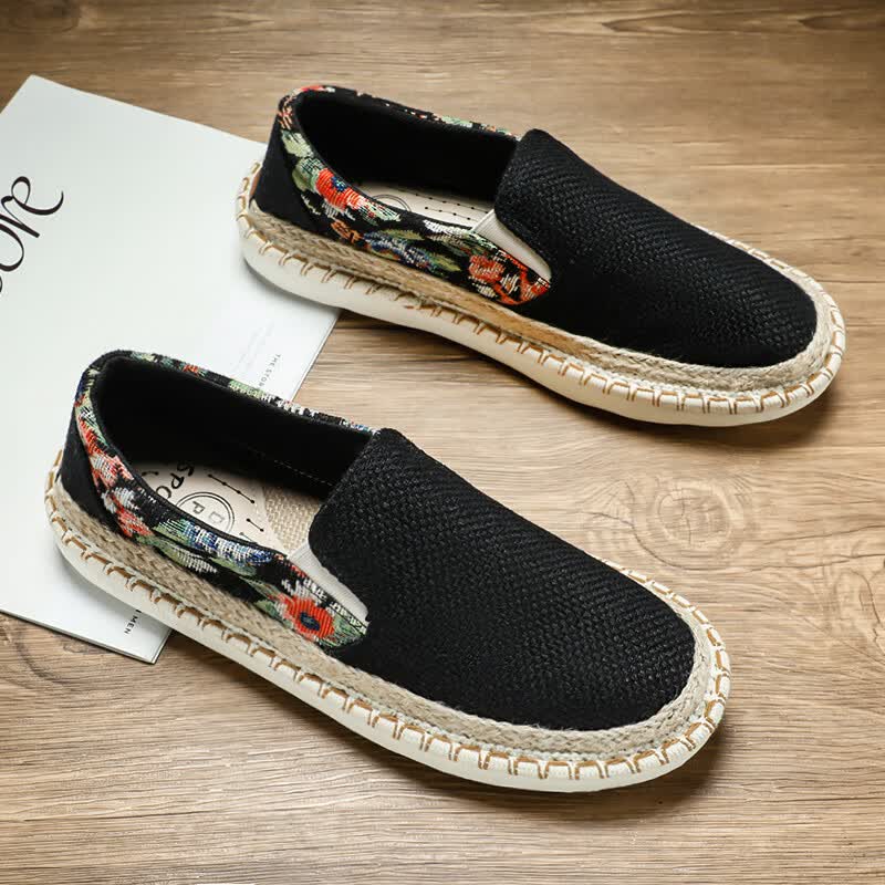 ai男鞋夏季透气懒人一脚蹬帆布板鞋黑色亚麻男士休闲开车老北京布鞋