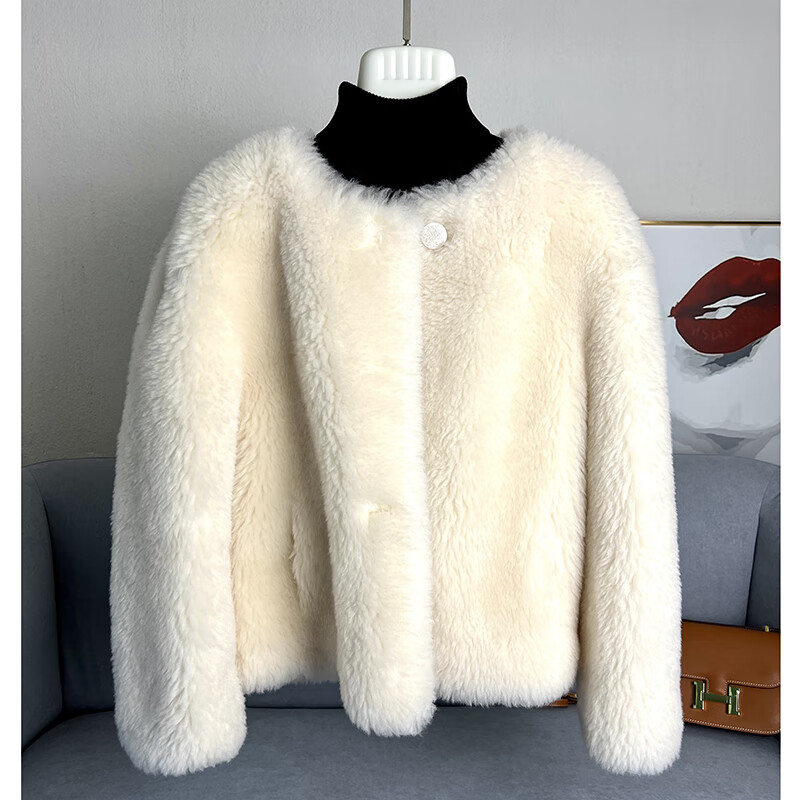 牙伯乐羊毛皮草外套女羊羔毛皮毛一体100%全托卡大衣圆领短款毛毛羊剪