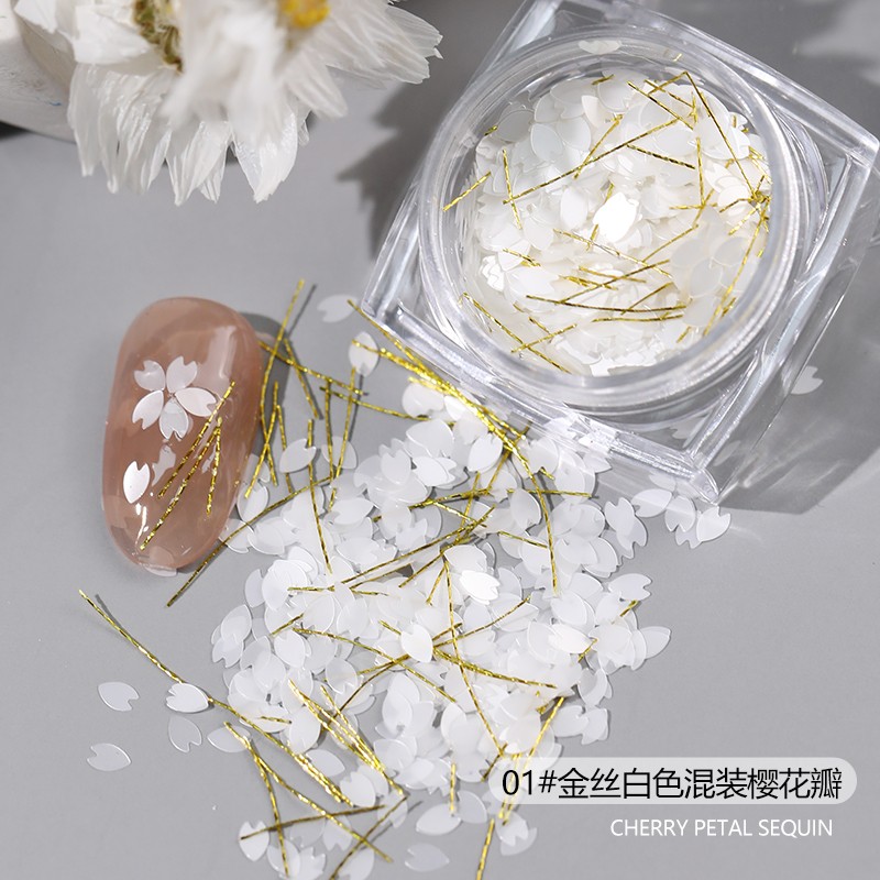 云钻樱花美甲亮片网红款美甲饰品韩国彩色白色镭射幻彩花瓣亮片 樱花瓣亮片01#金丝白色混装