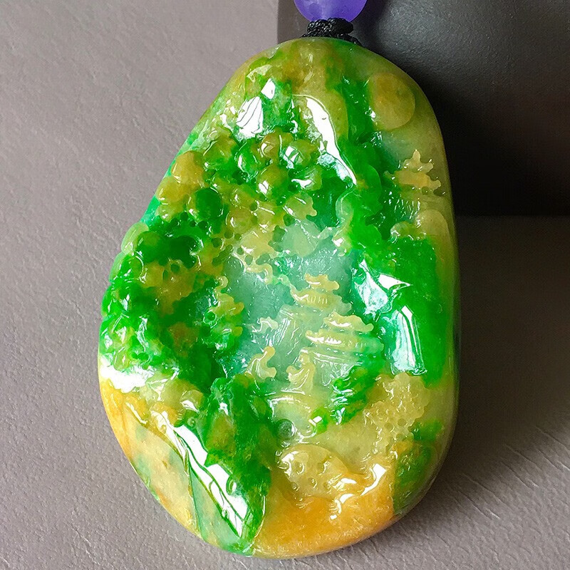 逸之璟缅甸老坑a货翡翠玉石雕刻冰种黄加绿山水牌翡翠吊坠男101631