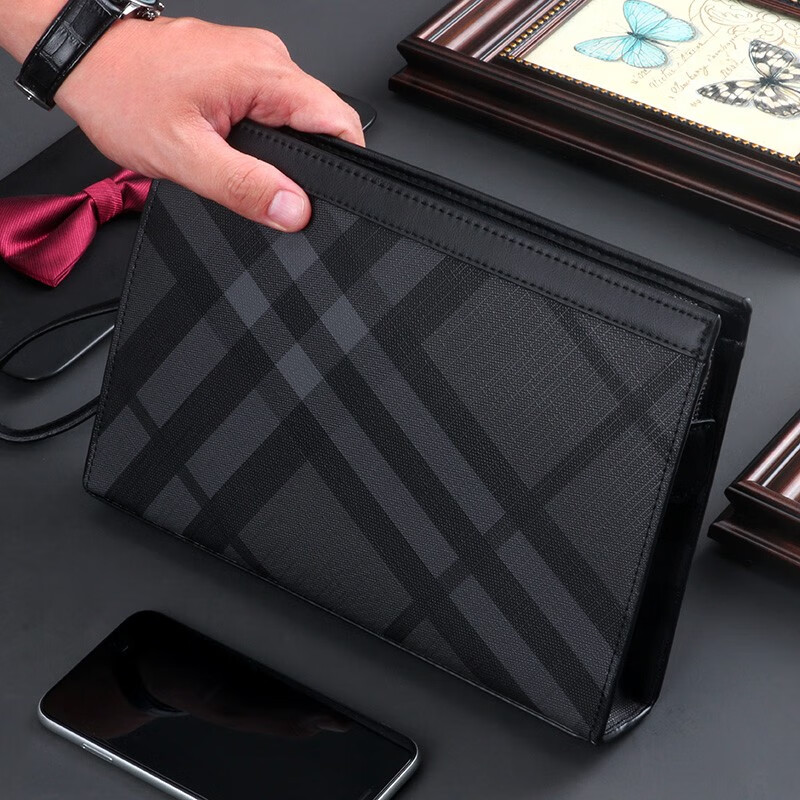 酷奇袋鼠手包男时尚潮牌士手拿大容量休闲商务手抓格子轻侈品夹 黑灰