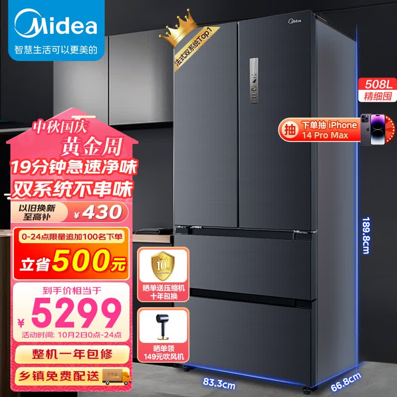 美的（Midea）19分钟急速净味508升变频一级能效法式四开门双系统双循环多门冰箱大容量智能BCD-508WTPZM(E)高性价比高么？