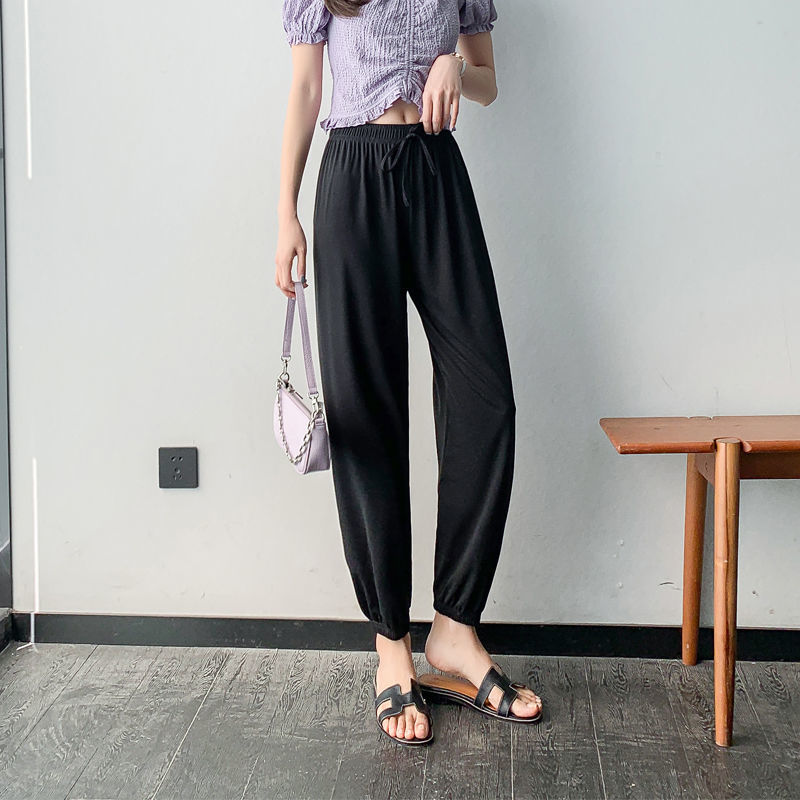 夏天冰丝薄款高腰弹力透气女士外穿搭冰丝灯笼裤女裤运动夏季薄款休闲