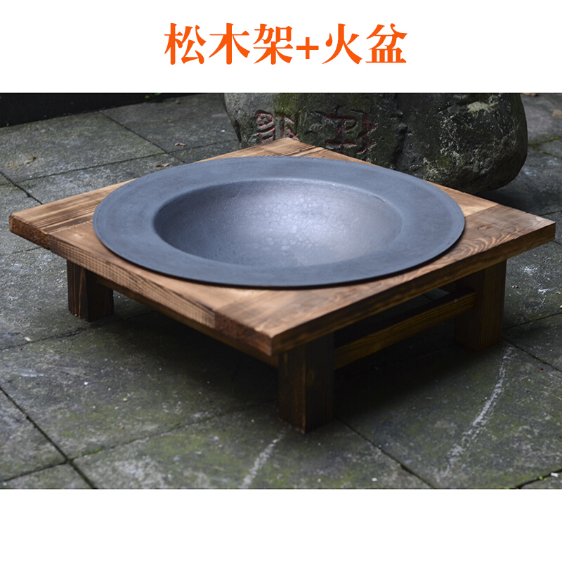 家用冬季炭火盆烧烤桌室内取暖烤火盆实木老式铸铁木碳火盆取暖炉搬