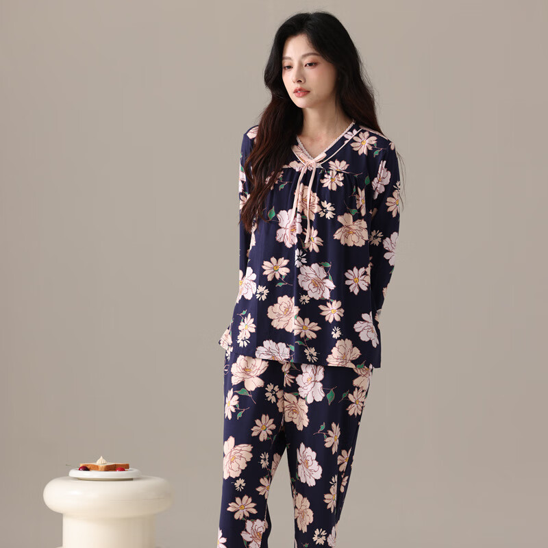 绮瑞女士莫代尔家居服春秋长袖国风印花优雅妈妈睡衣秋款大码套装 深蓝 2XL