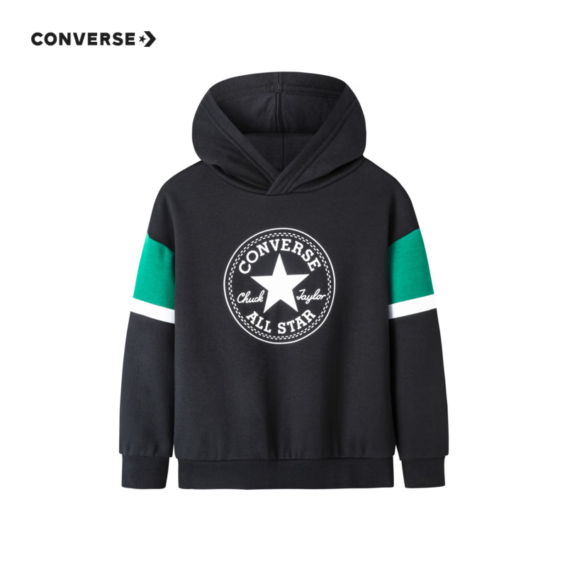 Converse 匡威儿童装男童卫衣2022冬季撞色新款加绒保暖外套宽松秋装女大童长袖潮牌针织连帽衫 正黑色 130/64