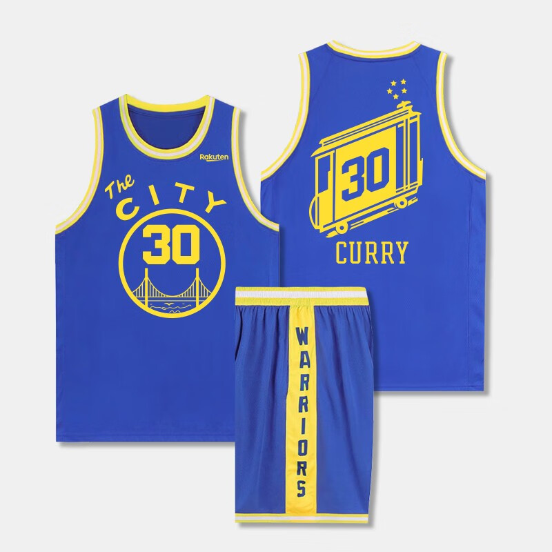 库l里球衣30号curry勇士球衣篮球服套装男队服球队定制勇士队 电车版