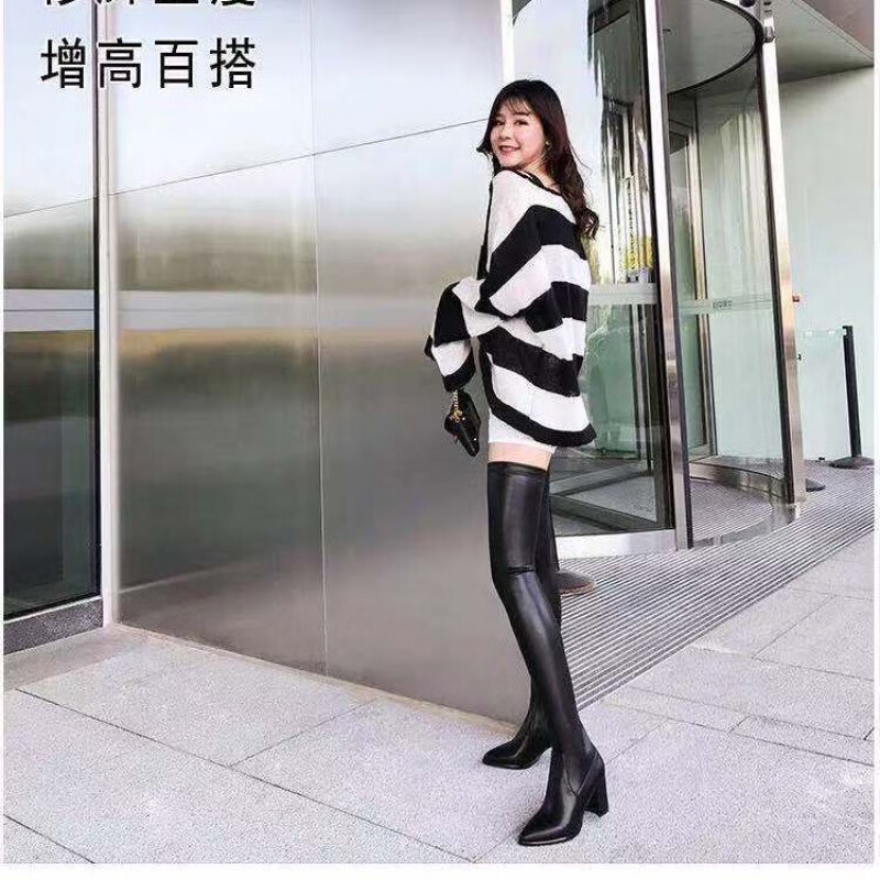 长筒靴高跟粗腿头层牛皮长靴女长筒靴过膝高跟显尖头软皮面超长大腿细