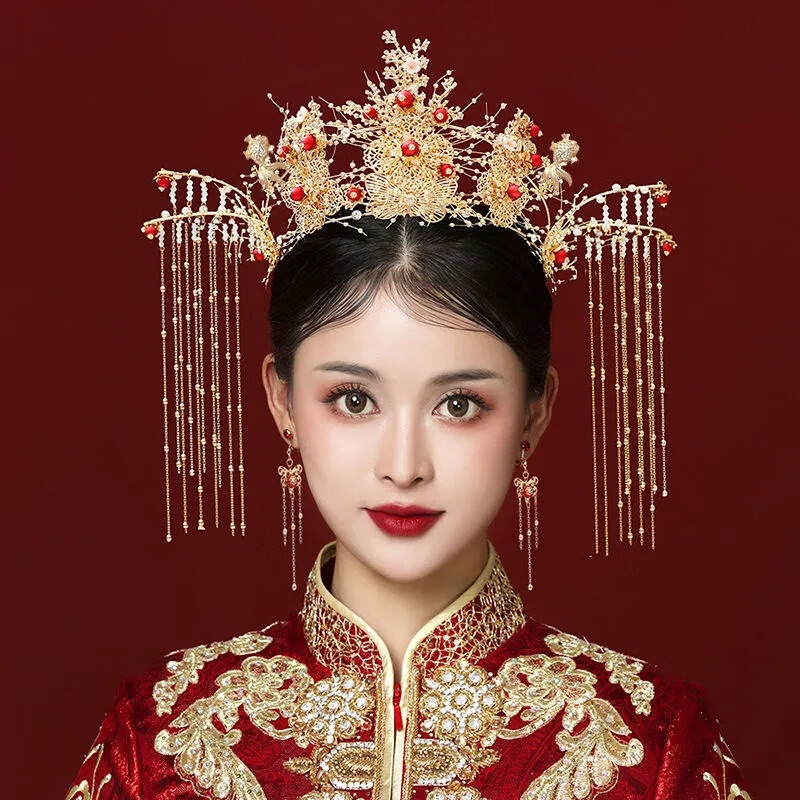 秀禾服新娘头饰中式婚礼简单大气秀禾步摇流苏结婚发饰古装凤冠女