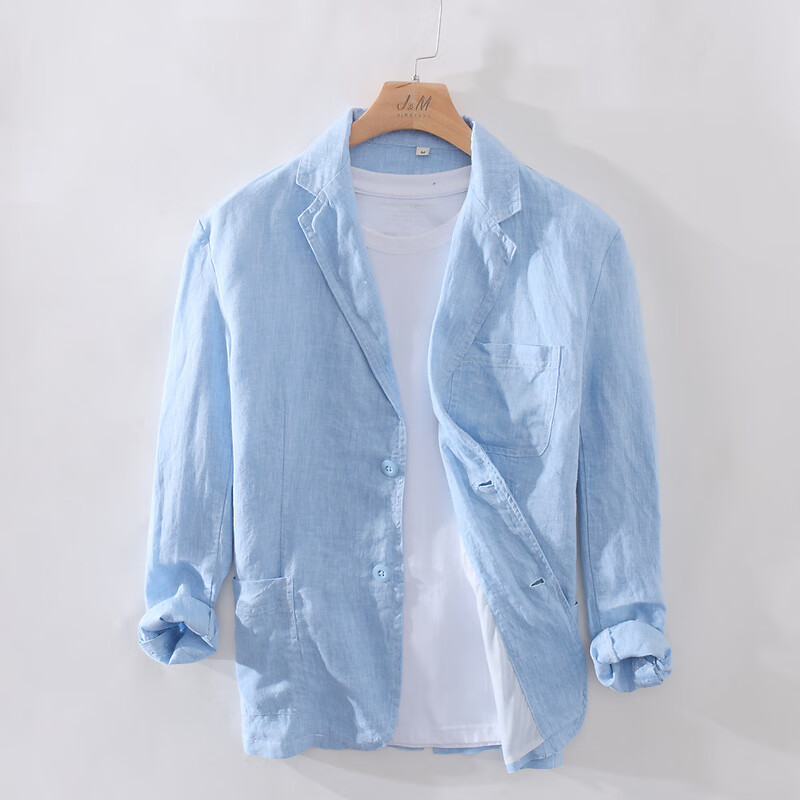 极麻日系平驳领休闲亚麻小西服男士商务正装薄款西装上衣外套 蓝色 XL