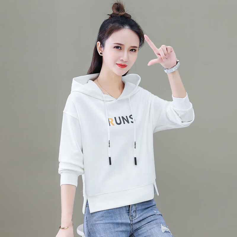 索宛亦(suowanyi)棉春秋新款连帽卫衣女装短款韩版宽松上衣字母印花