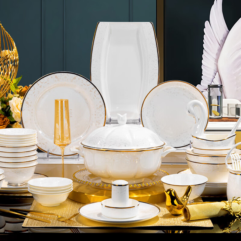 红牡丹碗碟套装骨瓷餐具整套陶瓷盘子碗具家用瓷器碗筷套装轻奢金边