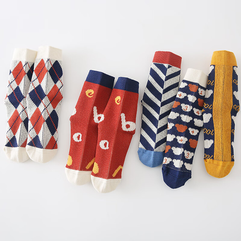 六指鼠男童女童袜子儿童中筒袜男孩大童秋冬季厚棉童袜潮时尚彩条春秋 880双针彩色 5双 均码 建议7-16周岁(鞋33-36码/袜标10-15岁）