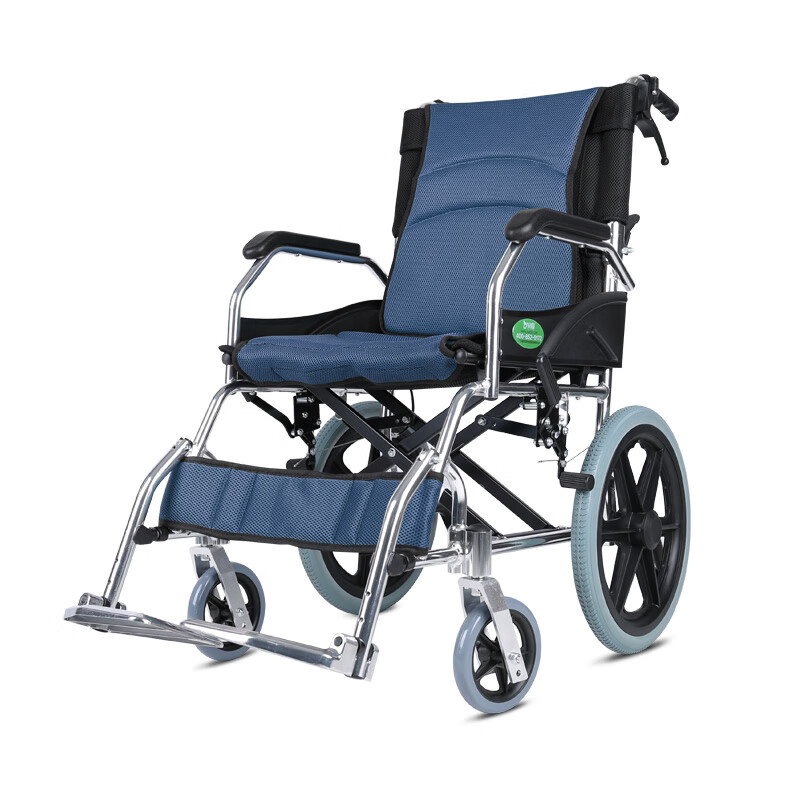 绿意老人轮椅铝合金折叠超轻便小手推便携式老年残疾人旅行代步车 【铝合金-16寸】蓝色双层座背垫-防倒轮
