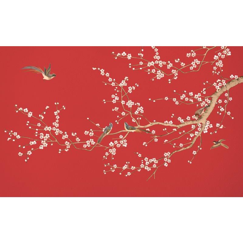 顾致中国风壁纸古典中式花鸟故宫红墙布客厅茶室饭店复古拍照背景墙纸