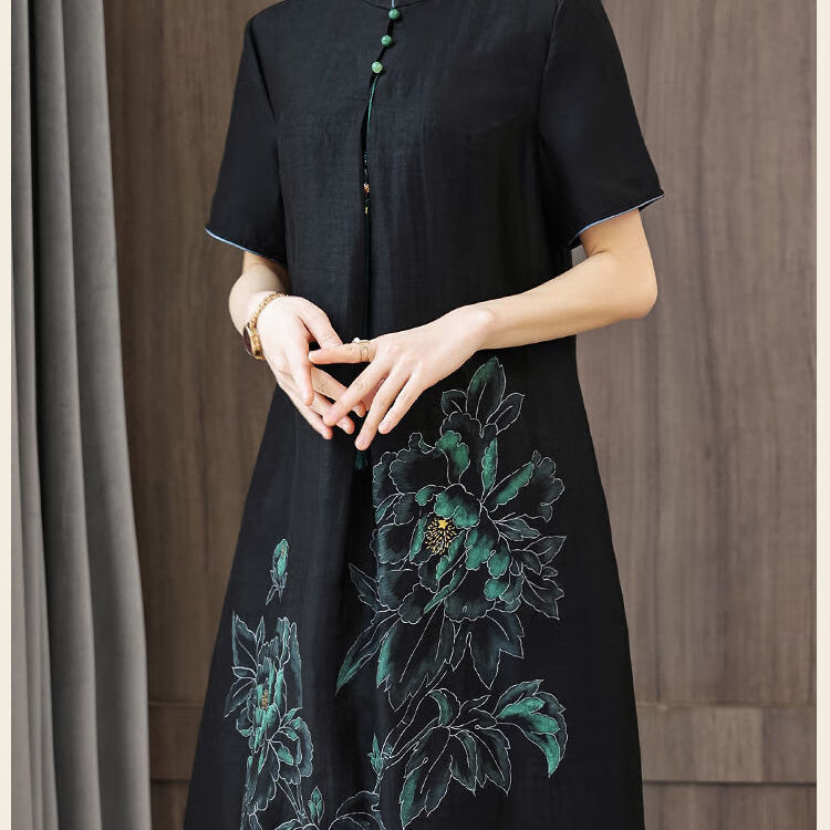 淘菲象重磅真丝连衣裙龟裂纹香云纱夏季新款女装桑蚕丝女装衣服 黑色
