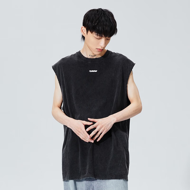 pso brand32支230克做旧水洗破坏工艺方块logo背心男潮牌无袖 水洗黑