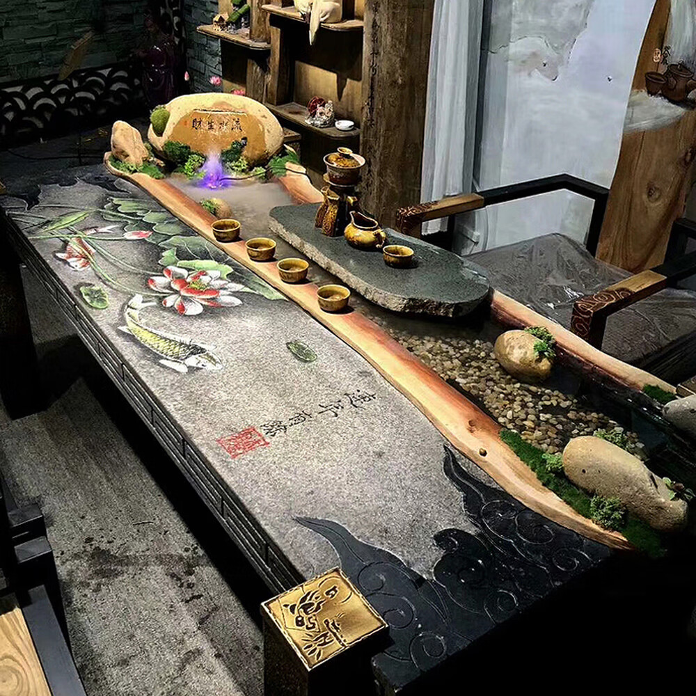 莎庭循环流水茶桌景观大茶台新禅意创意实木养鱼功夫家 禅意创意茶桌