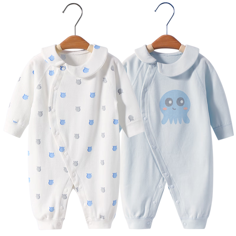 舒貝怡2件裝嬰兒衣服新生兒連體衣兒童哈衣寶寶純棉爬爬服春秋款藍 66CM