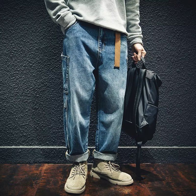 圣曼芬牛仔裤男易穿搭秋季黑色直筒工装绳宽松潮牌大码长裤春秋潮流