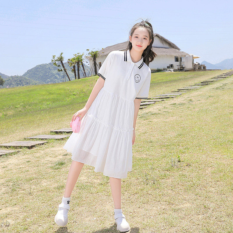 高中学生连衣裙夏装新款初中生少女青少年大童白色POLO纱裙子 白色 155/S