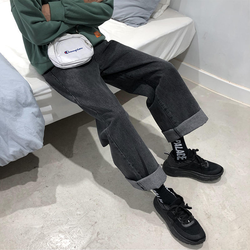 曼迪尚牛仔裤男2023新款宽松直筒老爹长裤百搭阔腿裤子男秋季薄款九 黑灰色 2XL码【130斤-145斤】