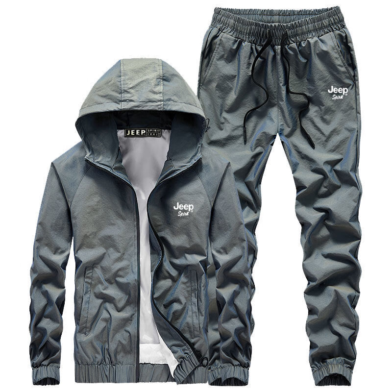 大牌春秋季休闲运动套装男士反光色连帽卫衣宽松跑步服两件套品牌男装