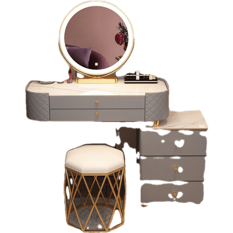 千番町 网红岩板化妆桌轻奢梳妆台现代简约化妆台卧室小户型ins化妆桌玻璃 真岩板灰80桌+柜+智能镜+鸟巢凳