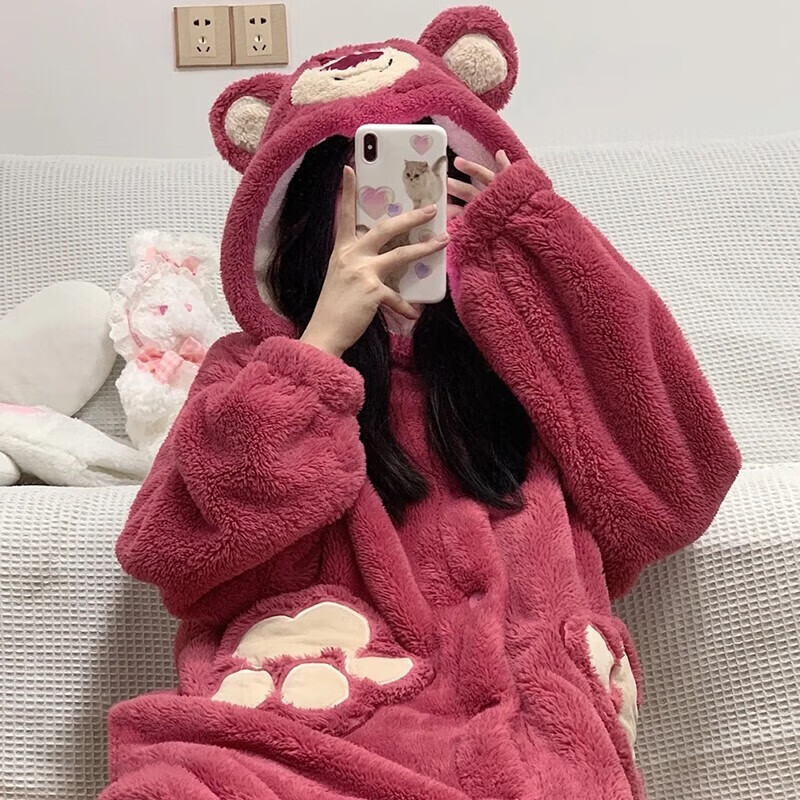 诗莉奥（SHILIAO）保暖睡袍女秋冬加厚睡袍玉桂狗卡通长款浴袍可外穿 草莓熊睡袍 均码 【80-140斤】