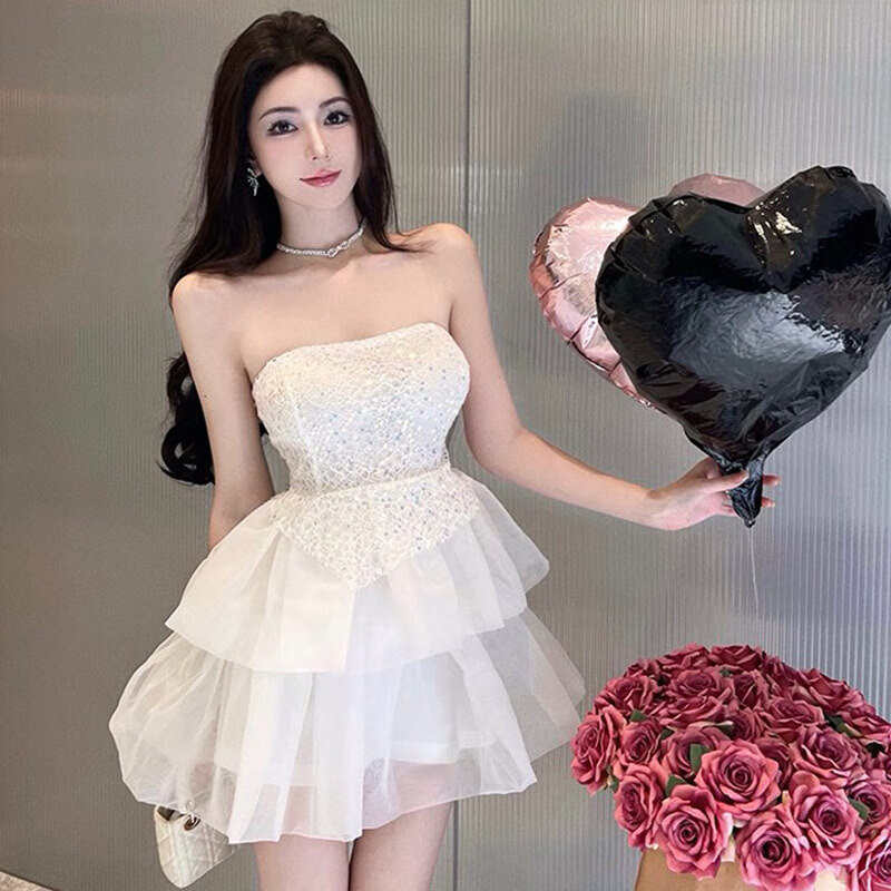 展缘生日小礼裙高端轻奢小众公主裙成人白色一字肩性感蓬蓬抹胸连衣裙