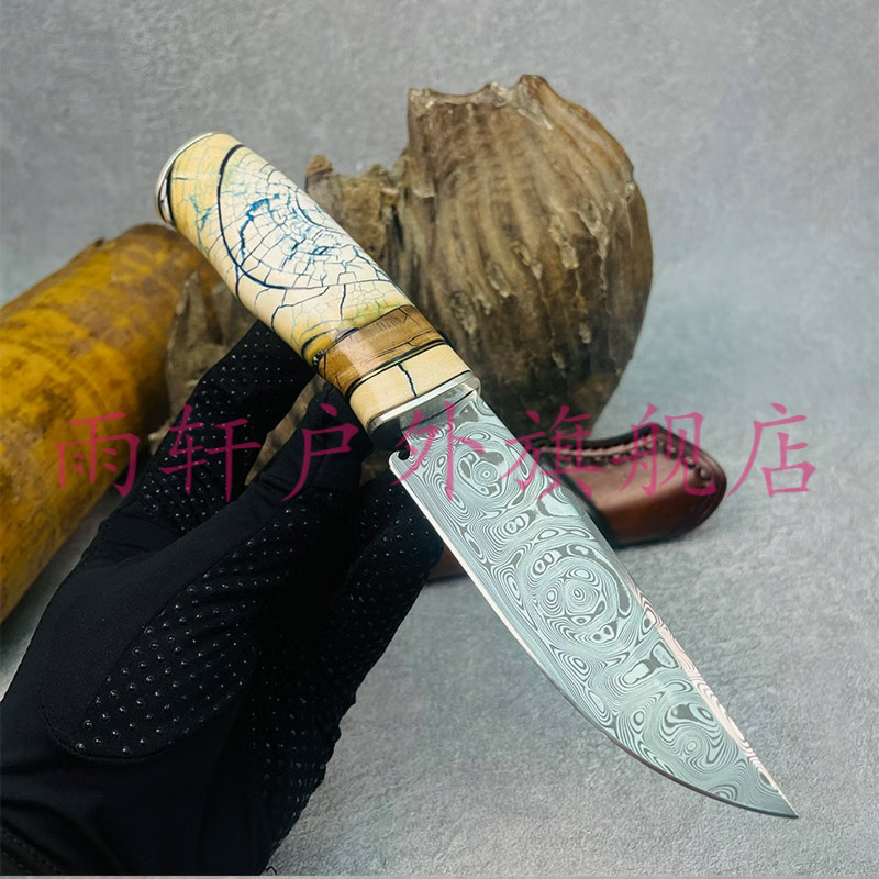 雨轩户外户外直刀瑞典粉末钢天梯纹直刀大玫瑰纹理小刀年轮臼齿银手柄