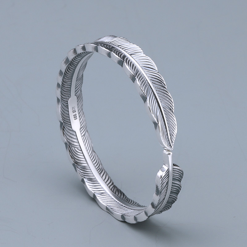 999雪花银羽毛银手镯 手工复古情侣男女开口 约40克足银999