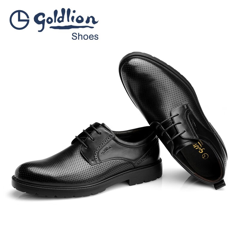 金利来(Goldlion)凉皮鞋男 夏季男士冲孔商务正装凉鞋 圆头系带厚底透气镂空男鞋 黑色 42 比标准码皮鞋偏大一码