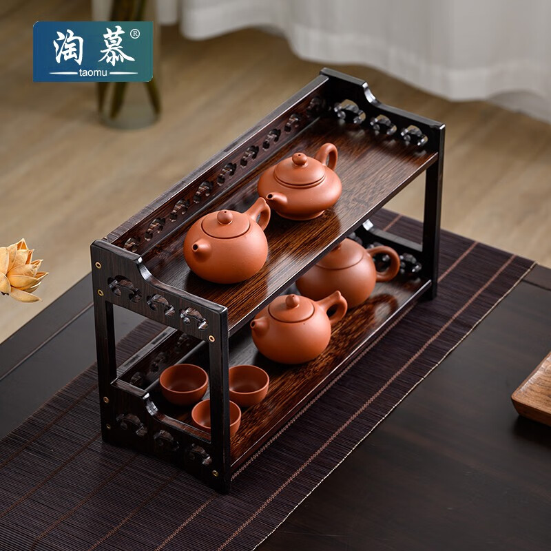 淘慕桌面多层壶架茶杯架子茶具收纳架茶壶架小多宝格茶棚圆竹木置物架 如意款50长2层茶杯架怎么样,好用不?