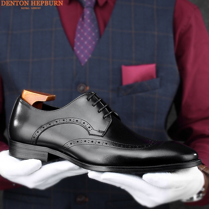 DENTON HEPBURN轻奢品牌男士皮鞋2022新款皮鞋男德比鞋休闲英伦手工皮鞋商务正装皮鞋 黑色  38