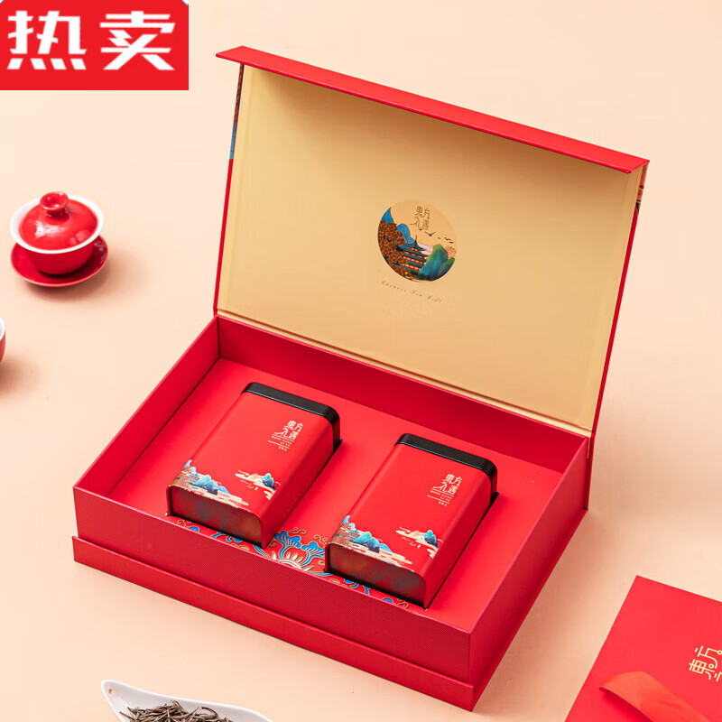 绿茶普洱碧螺春礼盒一斤半斤装茶叶铁罐礼盒 东方礼遇 红色2罐约半斤