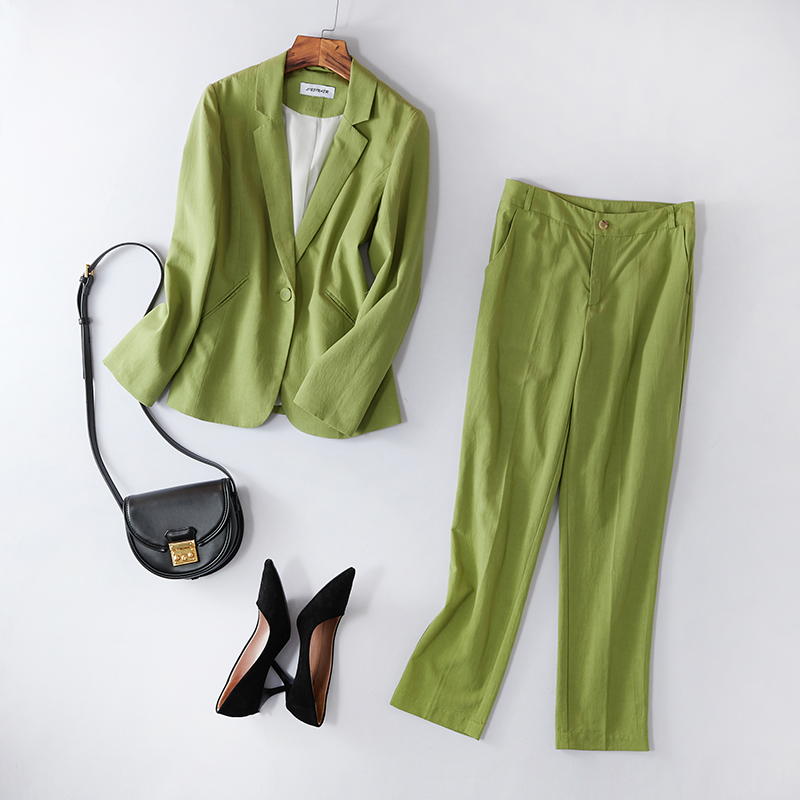 小西服套装亚麻西装女时尚休闲职业上衣九分裤女薄款百搭春夏 绿色