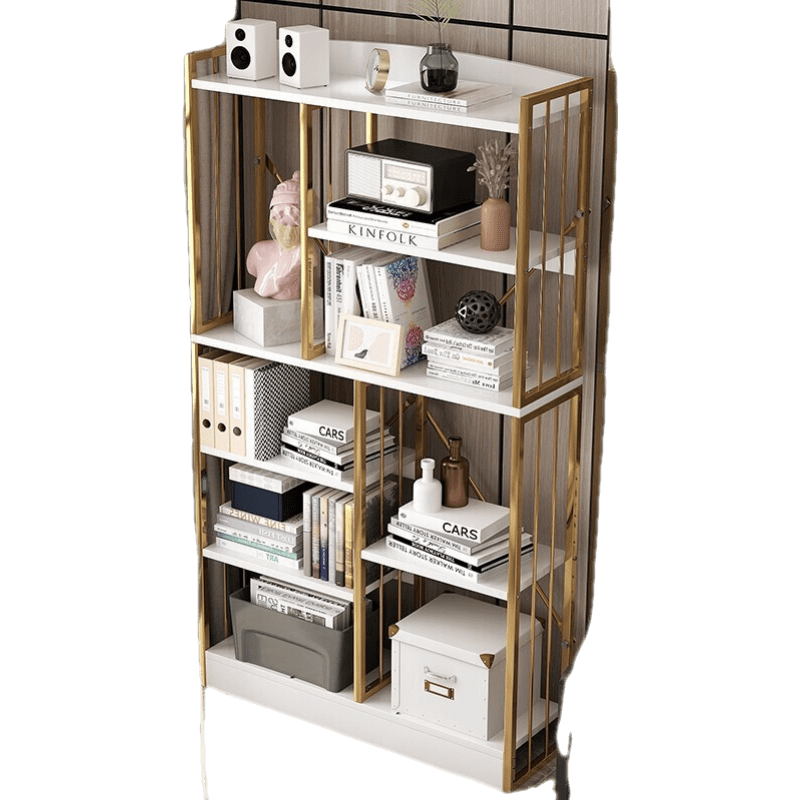 米客米家书架置物架落地客厅家用书柜现代轻奢收纳架子多层靠墙铁艺储物架展示架 【品质款】80*24*150 暖白色+金色钢架