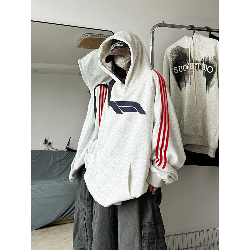黑盒白条纹连帽卫衣男2025新款秋季美式复古潮牌宽松情侣长袖帽衫外套男 XXJR-FA1199白灰 常规 L