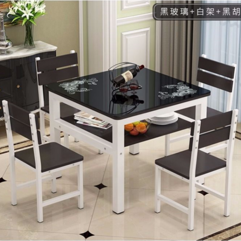 钢化玻璃餐桌椅小户型四方桌正方形小方桌双层桌子家用饭桌方桌子 黑玻璃+白架+黑胡桃 60*60*78长宽高单桌