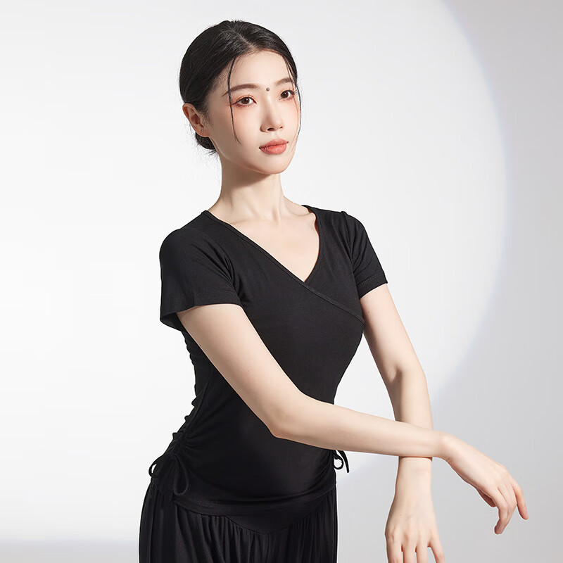 练功服上衣成人形体黑色衣服现代古典舞拉丁舞 单件黑色短袖抽绳上衣