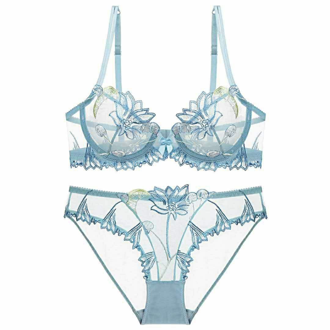 超薄刺绣蕾丝全透明大码女聚拢性感内衣女无海绵胸罩 浅蓝套装 32b