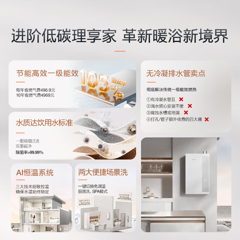 COLMO北极星热水器C2 家用16L天然气 新一级能效增压水伺服 AI恒温增容全维抑菌 16L 极地白 JSLQ27-C2
