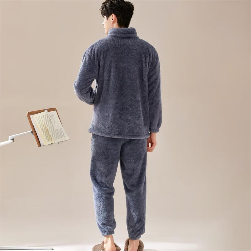 宜而爽法兰绒男士睡衣24年秋冬加绒加厚男士保暖可外穿家居服套装 蓝色【拉链款】 2XL