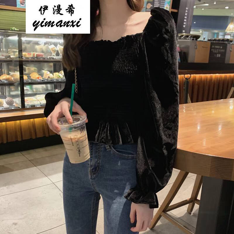 辣妹穿搭森女系怪味甜美轻熟复古丝绒短款小衫修身显瘦黑色蝴蝶袖上衣