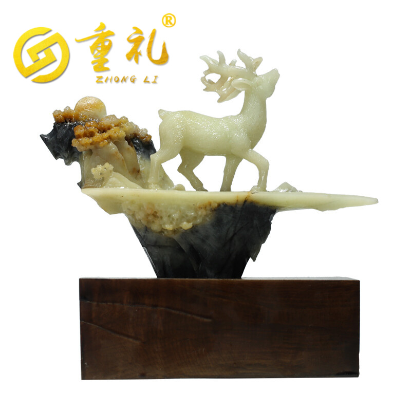 重礼 摆件礼品时尚送礼室内摆设ta件作品客厅岫玉石器小鹿手工雕刻