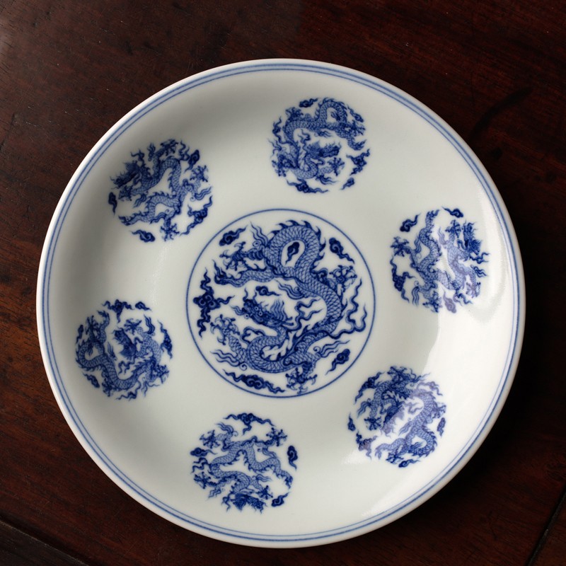 予粹茶具景德镇陶人临古手绘青花团龙纹茶盘壶承壶托干泡台果小碟功夫