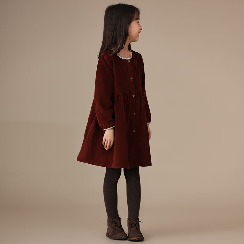 哈齿哈齿童装秋冬新品女童儿童亲子圆领碎花包边纯棉灯芯绒加绒连衣裙 枣红色现货 130cm